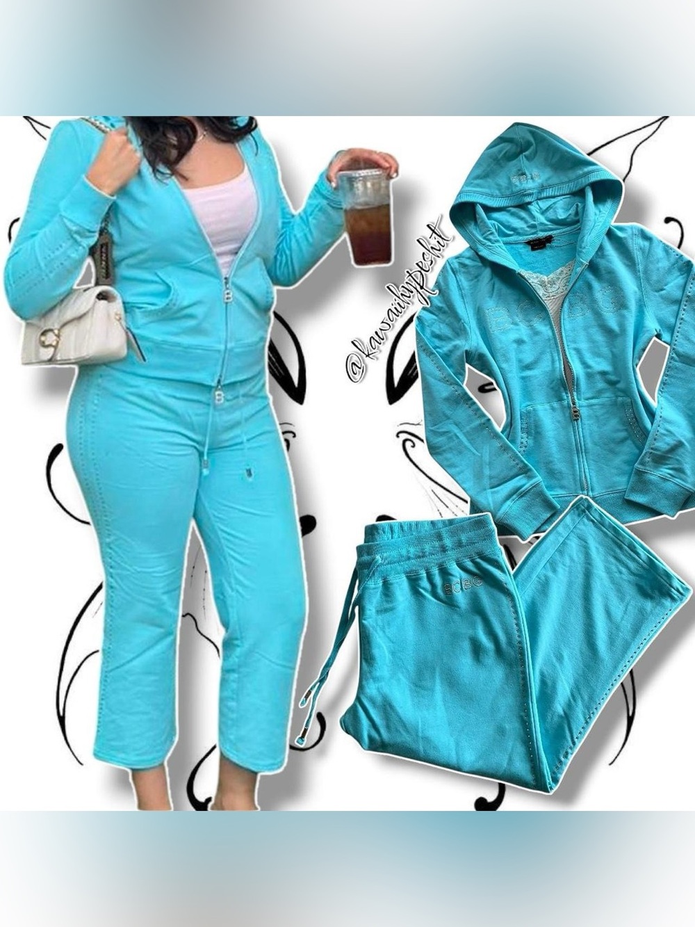 Vintage Y2K BCBG Light Blue Tracksuit Set with Silver Rhinestones